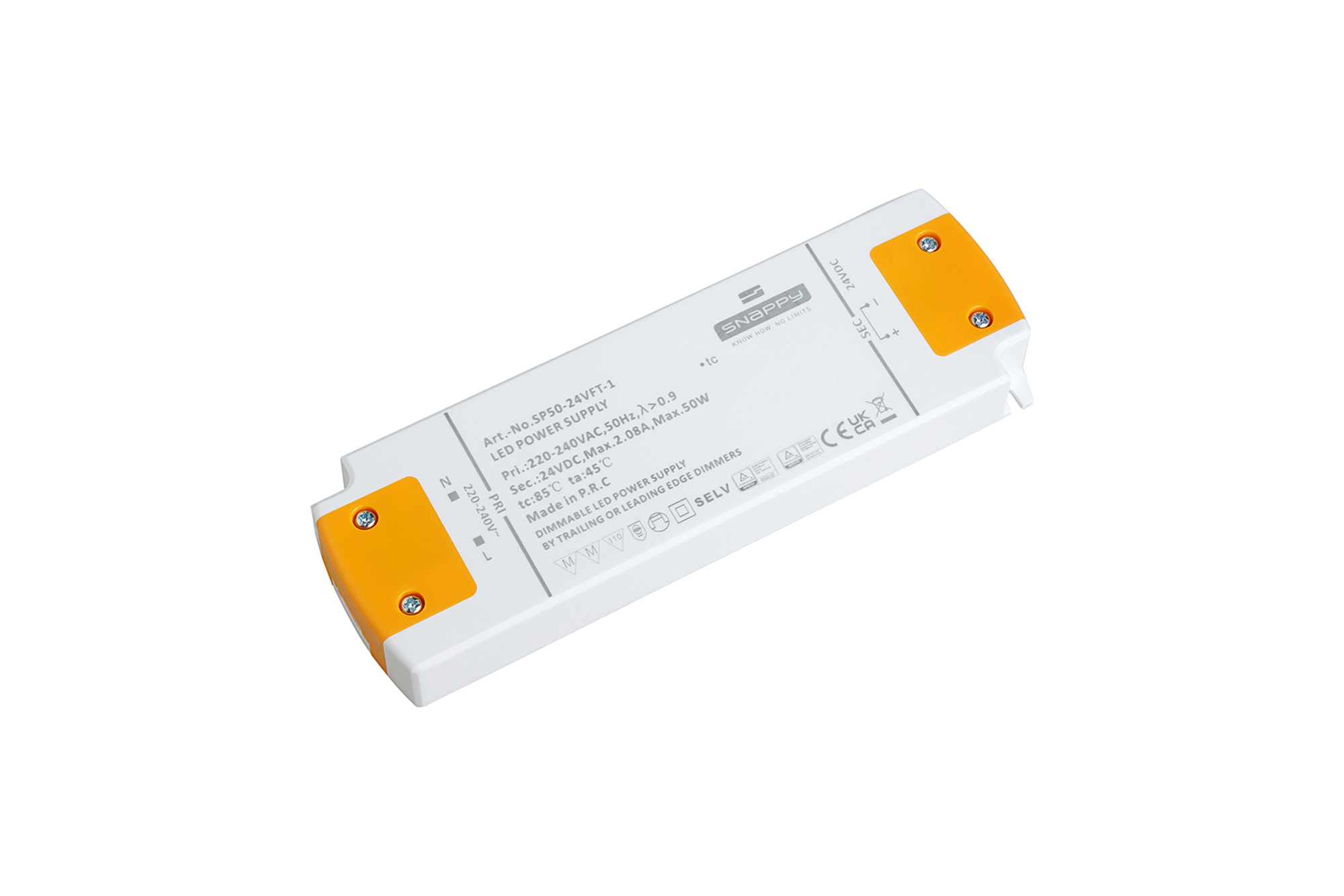 SP50-24VFT-1  SP, 50W, Constant Voltage Triac Dimmable PC LED Driver, 24VDC, 2.08A, Pf>0.9, TC:+85?, TA:45?, IP20, Effi>85%, Screw Connection, 5yrs Warranty.